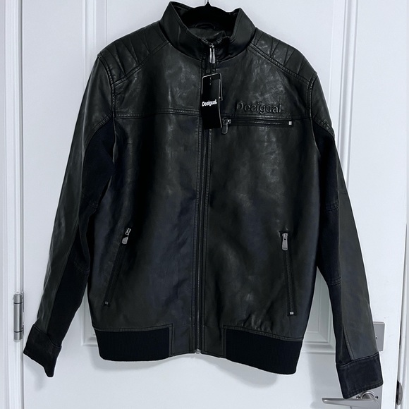 NWT - Desigual Men’s Zip Up Biker Jacket - Vegan Leather+Denim - Size L & XL - Picture 1 of 12